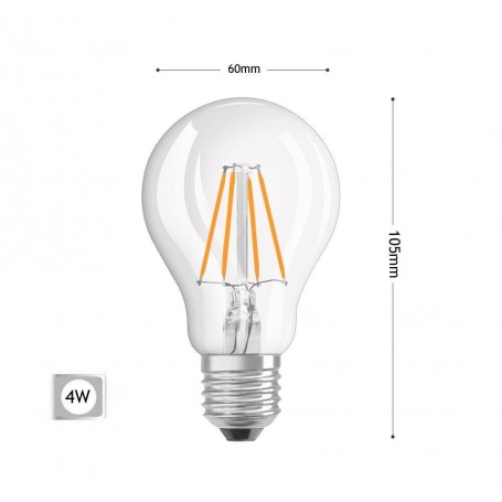 LAMPADINA LED LUCE CALDA 4W FILAMENTO IN VETRO TRASPARENTE E27 4 W E 27 A60-T4C