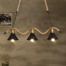 LAMPADARIO CORDA IN CANAPA PARALUME CAMPANA 3 PORTALAMPADA E27 STILE RETRÒ B24-3