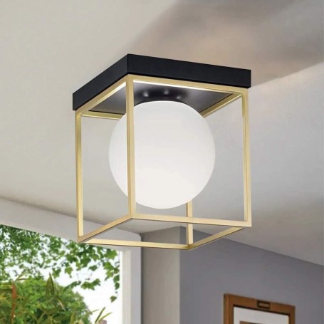 PLAFONIERA DA SOFFITTO SFERA IN VETRO BIANCO LAMPADARIO METALLO NERO BRONZO G9