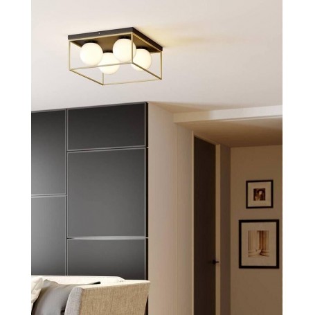 PLAFONIERA DA SOFFITTO 4 X SFERA IN VETRO BIANCO LAMPADARIO METALLO NERO BRONZO